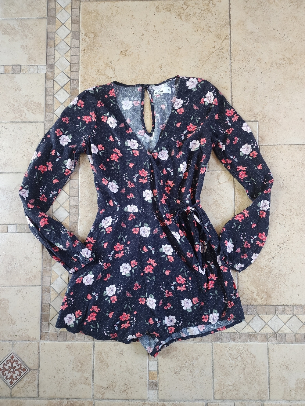 Hollister Black Floral Tie-Front Romper Skort